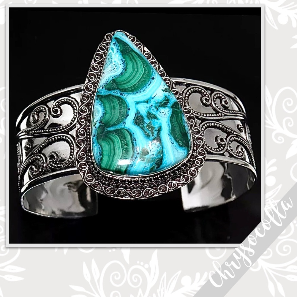 Chrysocolla Silver Artisan Bangle Cuff Bracelet Adjustable Turquoise Blue, Green